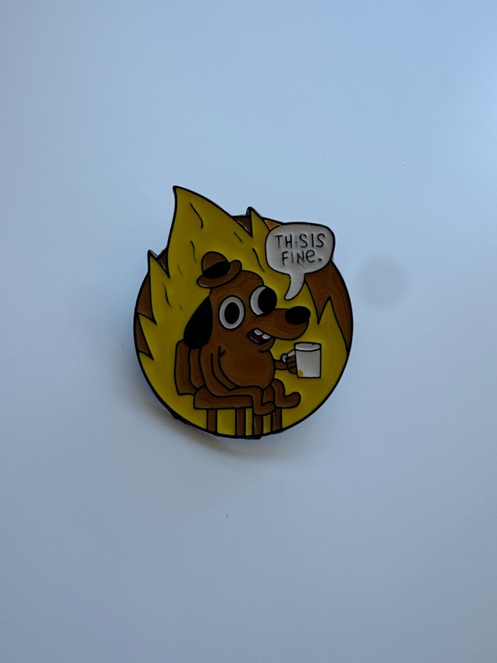 This Is Fine Dog Enamel Pin | Funny Meme Lapel Badge - Picture 2 of 3